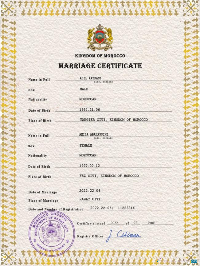 Download Morocco marriage certificate PSD template Photoshop template